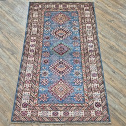 Super Kazak Rug 150cm x 90cm – Light Blue & Cream Tribal Wool Rug