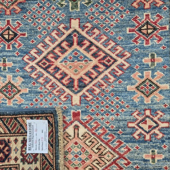 Super Kazak Rug 150cm x 90cm – Light Blue & Cream Tribal Wool Rug
