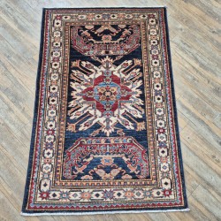 Dark Blue Kazak Rug 122cm x 81cm – Rare Sunburst Design Natural Wool Rug