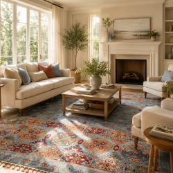 Luxurious Super Fine Ariana Shawal Rug 226cm x 173cm – Ghazni Wool Soft Blue Tones 
