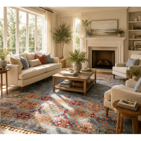 Luxurious Super Fine Ariana Shawal Rug 226cm x 173cm – Ghazni Wool Soft Blue Tones 