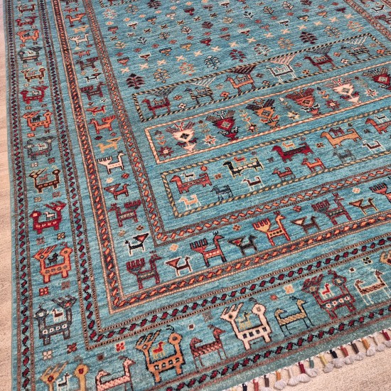 Gabbeh Rug 240cm x 175cm – Soft Blue Mixed Colours Luxury Wool Rug Authentic Afghan Gabbeh Rug 240cm x 175cm – Soft Blue Mixed Colours Luxury Wool Rug Authentic Afghan