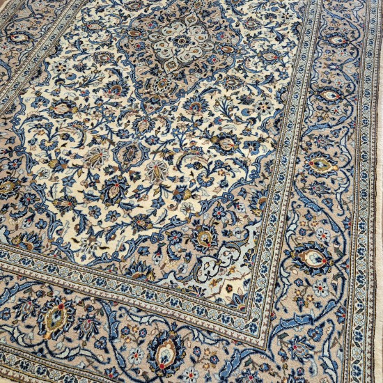 Fine Persian Kashan Rug 325cm x 202cm – Cream & Soft Blue Kurk Wool Fine Persian Kashan Rug 325cm x 202cm – Cream & Soft Blue Kurk Wool