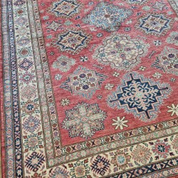 Hand-Knotted Super Kazak Rug 245cm x 180cm – Pink, Cream, Blue & Green Fine Ghazni Wool Rug