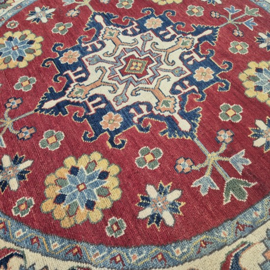 Round Kazak Rug 147cm x 144cm – Red & Cream Handmade Wool Rug