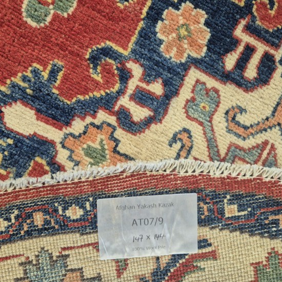 Round Kazak Rug 147cm x 144cm – Red & Cream Handmade Wool Rug