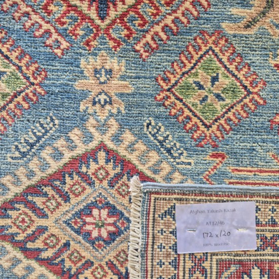 Hand-Knotted Kazak Rug 172cm x 120cm – Blue & Red Tribal Wool Rug Hand-Knotted Kazak Rug 172cm x 120cm – Blue & Red Tribal Wool Rug