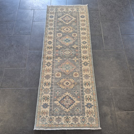 Hand-Knotted Kazak Runner 174cm x 64cm – Cream & Grey Tribal Wool Runner Hand-Knotted Kazak Runner 174cm x 64cm – Cream & Grey Tribal Wool Runner