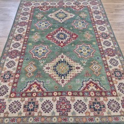 Kazak Rug 295cm x 204cm – Green & Cream Tribal Wool Rug  Authentic Kazak Rug 