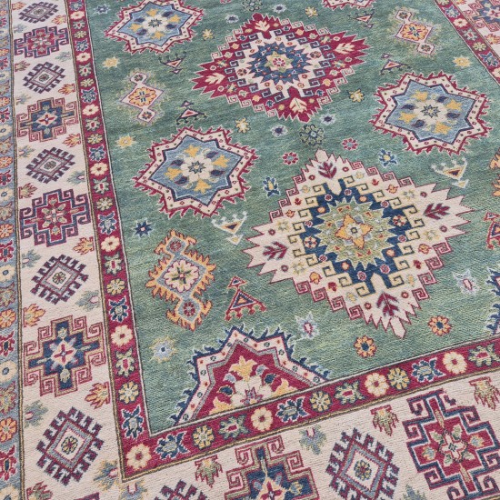 Kazak Rug 295cm x 204cm – Green & Cream Tribal Wool Rug  Authentic Kazak Rug 