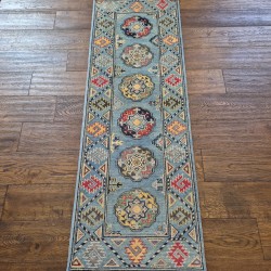 Hand-Knotted Kazak Runner 180cm x 62cm – Soft Blue Tribal Wool Runner Hand-Knotted Kazak Runner 180cm x 62cm – Soft Blue Tribal Wool Runner