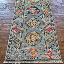 Hand-Knotted Kazak Runner 180cm x 62cm – Soft Blue Tribal Wool Runner