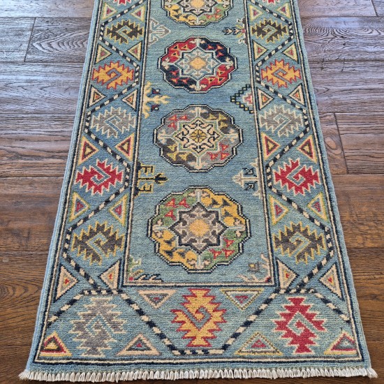 Hand-Knotted Kazak Runner 180cm x 62cm – Soft Blue Tribal Wool Runner Hand-Knotted Kazak Runner 180cm x 62cm – Soft Blue Tribal Wool Runner