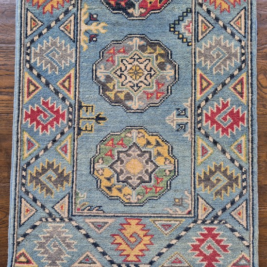 Hand-Knotted Kazak Runner 180cm x 62cm – Soft Blue Tribal Wool Runner Hand-Knotted Kazak Runner 180cm x 62cm – Soft Blue Tribal Wool Runner
