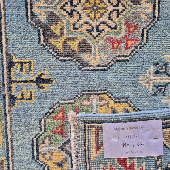 Hand-Knotted Kazak Runner 180cm x 62cm – Soft Blue Tribal Wool Runner Hand-Knotted Kazak Runner 180cm x 62cm – Soft Blue Tribal Wool Runner