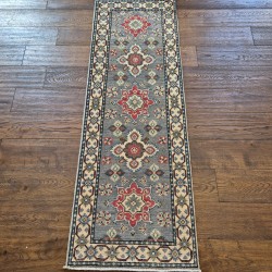 Hand-Knotted Kazak Runner 187cm x 63cm – Grey & Cream Tribal Wool Runner Authentic Kazak Hand-Knotted Kazak Runner 187cm x 63cm – Grey & Cream Tribal Wool Runner Authentic Kazak