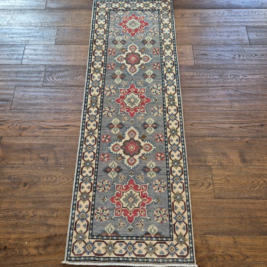 Hand-Knotted Kazak Runner 187cm x 63cm – Grey & Cream Tribal Wool Runner Authentic Kazak Hand-Knotted Kazak Runner 187cm x 63cm – Grey & Cream Tribal Wool Runner Authentic Kazak