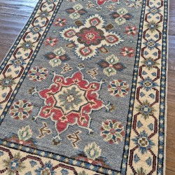 Hand-Knotted Kazak Runner 187cm x 63cm – Grey & Cream Tribal Wool Runner  Authentic Kazak