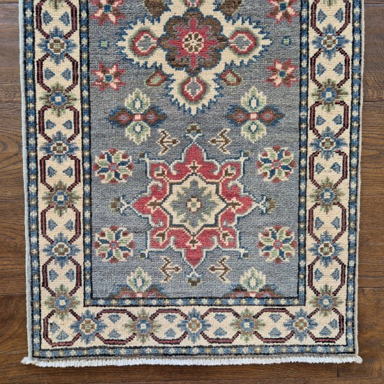 Hand-Knotted Kazak Runner 187cm x 63cm – Grey & Cream Tribal Wool Runner Authentic Kazak Hand-Knotted Kazak Runner 187cm x 63cm – Grey & Cream Tribal Wool Runner Authentic Kazak