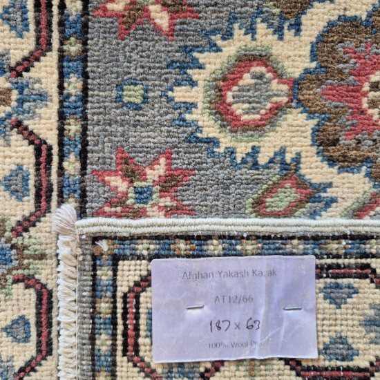 Hand-Knotted Kazak Runner 187cm x 63cm – Grey & Cream Tribal Wool Runner Authentic Kazak Hand-Knotted Kazak Runner 187cm x 63cm – Grey & Cream Tribal Wool Runner Authentic Kazak