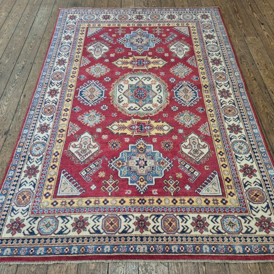 Hand-Knotted Kazak Rug 246cm x 168cm – Red, Blue & Cream 