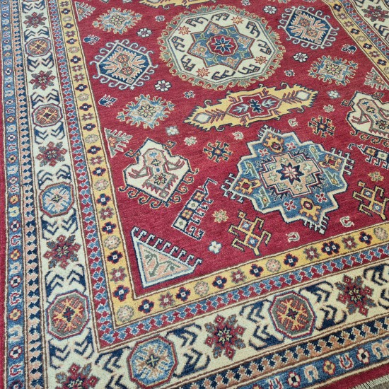 Hand-Knotted Kazak Rug 246cm x 168cm – Red, Blue & Cream 