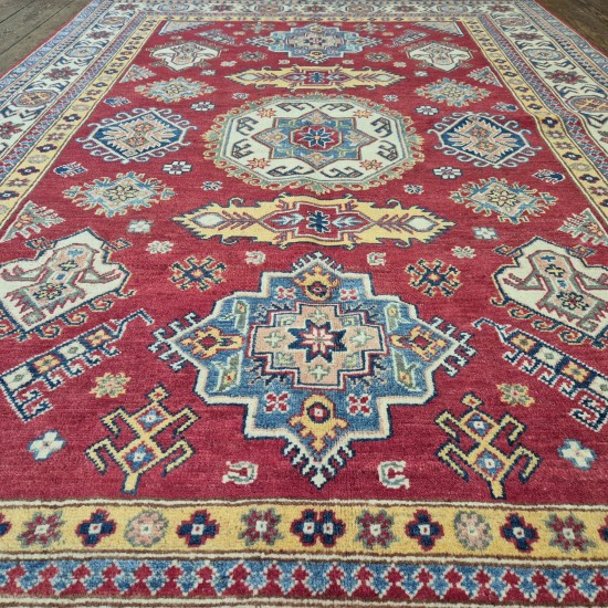 Hand-Knotted Kazak Rug 246cm x 168cm – Red, Blue & Cream 