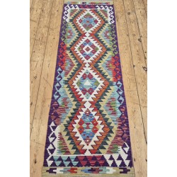 Turkish Vegetable Dyed Kilim Runner 196cm x 64cm – Purple Tones Wool Flatweave