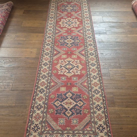 Hand-Knotted Kazak Runner 292cm x 83cm – Soft Red & Cream Tribal Wool Runner Authentic Kazak Hand-Knotted Kazak Runner 292cm x 83cm – Soft Red & Cream Tribal Wool Runner Authentic Kazak