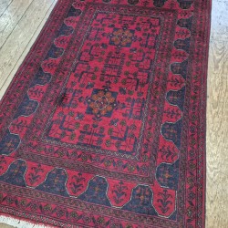 100% Wool Pile & Cotton Foundation • Red, Terracotta & Blue Tones • Fine Afghan Wool 150cm x 100cm