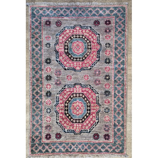 Ersari Rug 90cm x 61cm – Silver Grey Background Tribal Rug Hand-Knotted Ersari Rug 90cm x 61cm – Silver Grey Background Tribal Rug Hand-Knotted